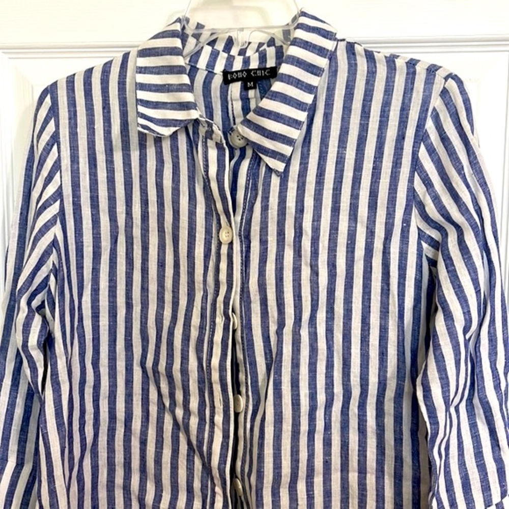 Boho Chic Blue and White Button Down 100% Linen Top size M - Picture 2 of 11